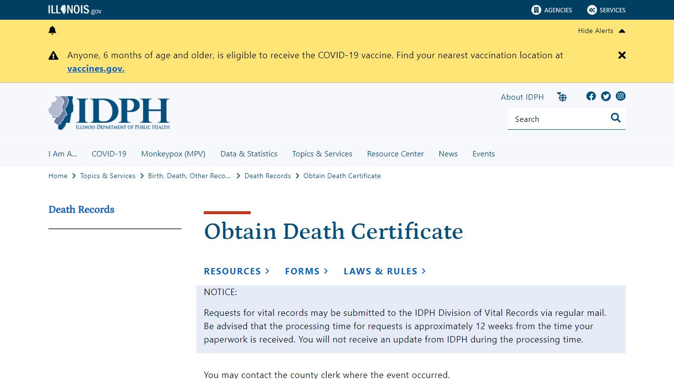 Obtain Death Certificate - Illinois